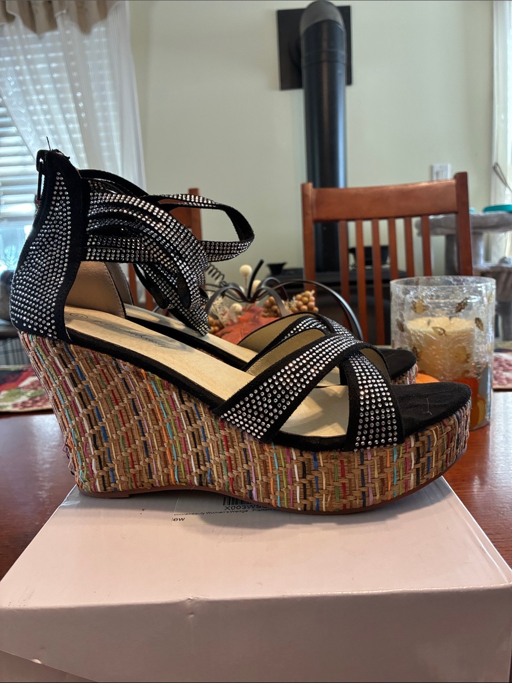 Black Rhinestone Ankle-Wrap Wedge Sandals - Picture 2 of 4